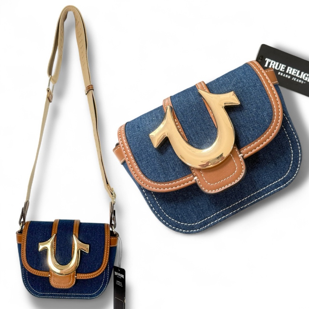 True Religion Denim and Tan Crossbody Bag with Gold Accent